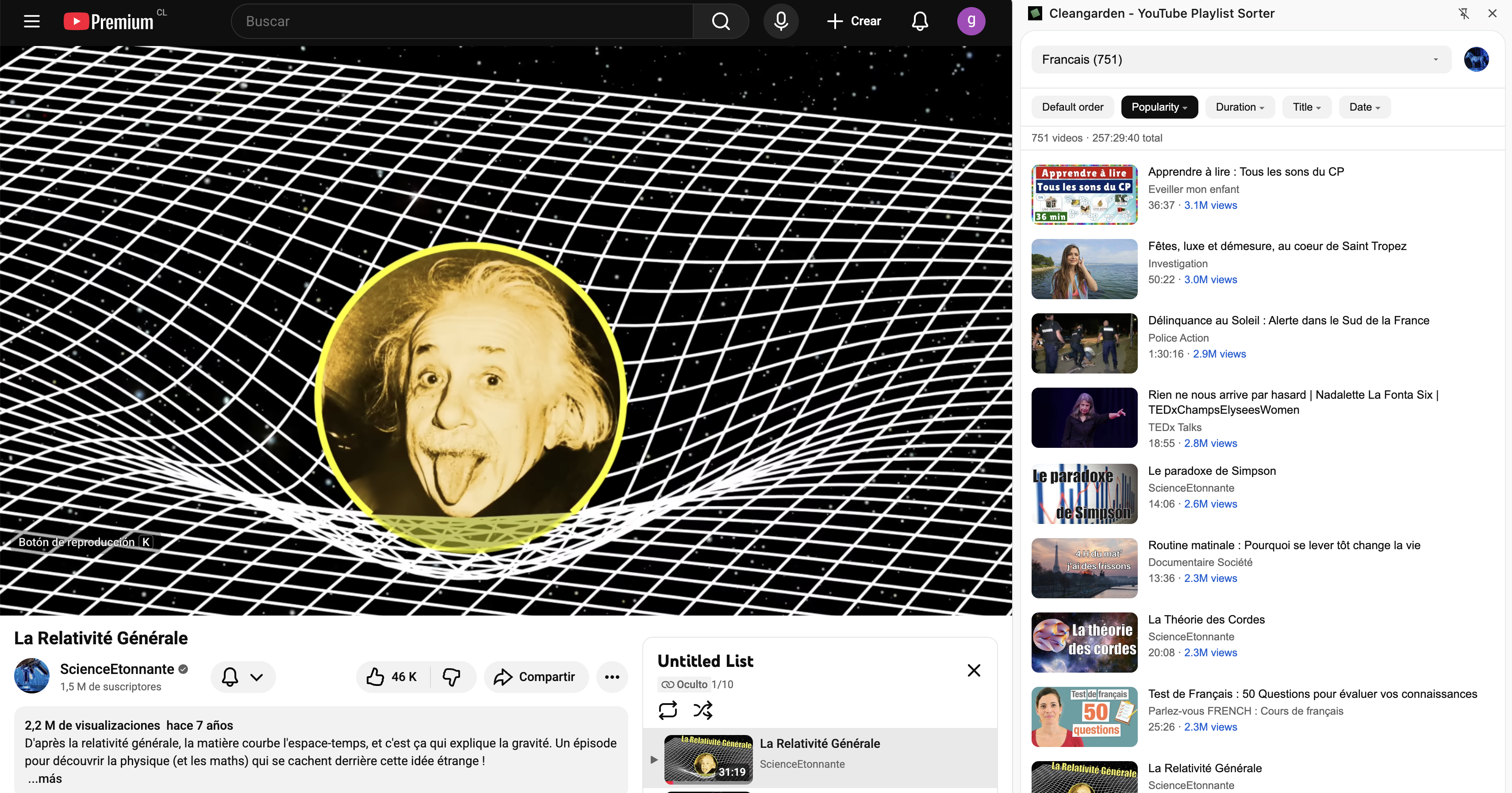 Cleangarden sortiert eine YouTube-Playlist nach Beliebtheit in einem Seitenpanel