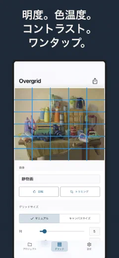 Overgrid: 明度。色温度。 コントラスト。 ワンタップ。