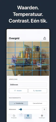 Overgrid: Waarden. Temperatuur. Contrast. Eén tik.