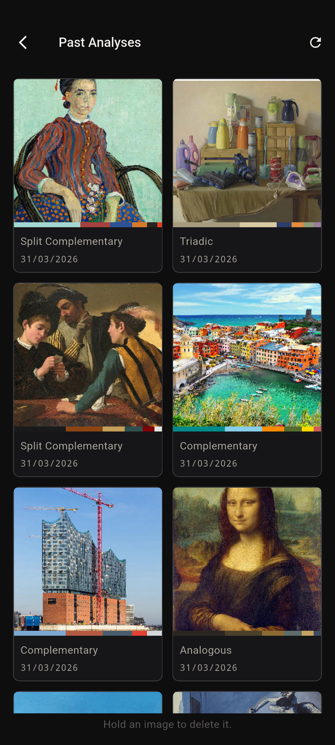 Histórico de análises do Undertone mostrando análises de cor anteriores